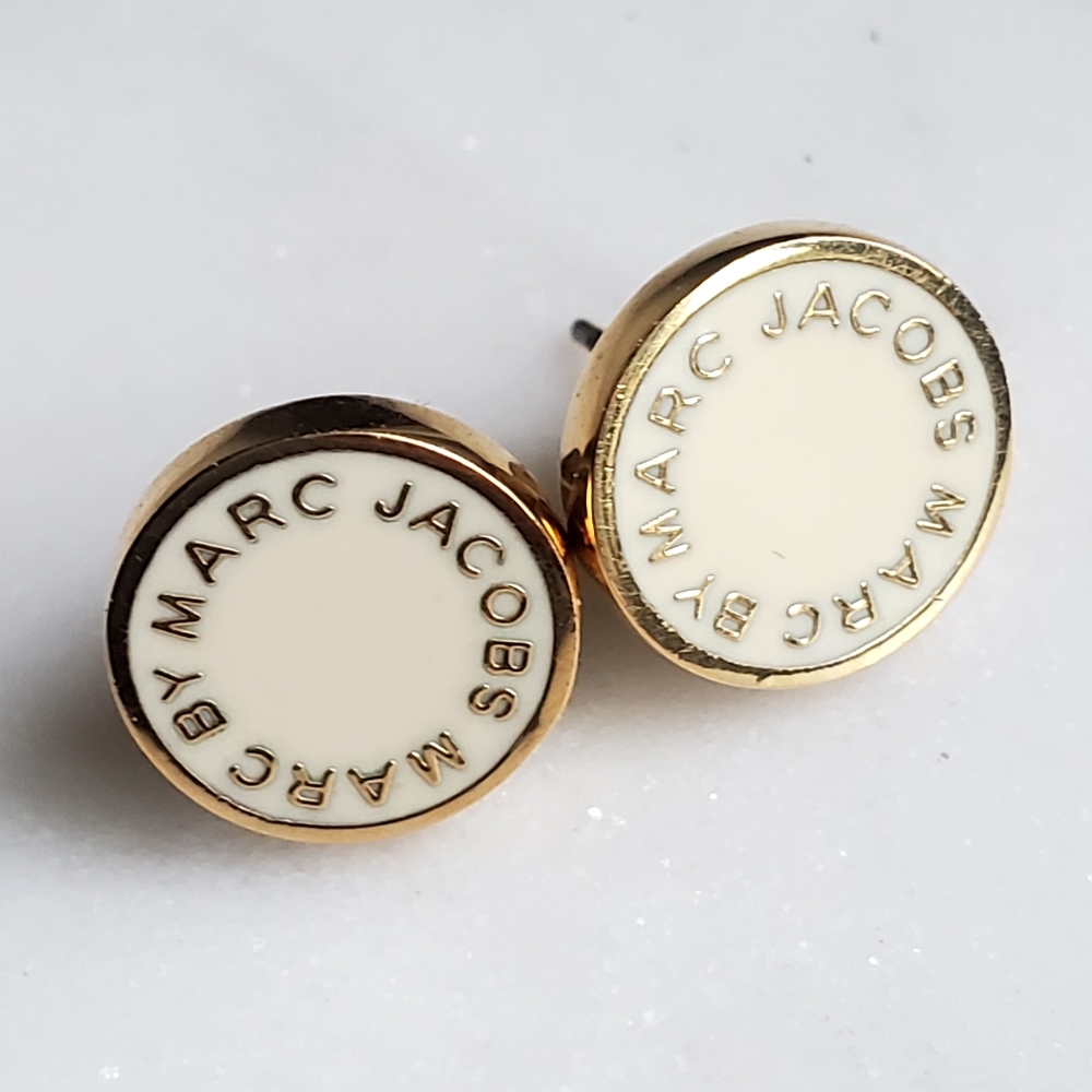 Marc by Marc Jacobs Logo Enamel Gold Button Disc Stud Earrings
